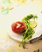 Sashimi tuna rose, with shredded courgettes