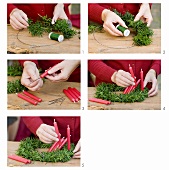 Making a Christmas wreath of yew with red candles