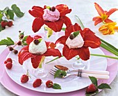 Day lily flowers with fruit quark, raspberries & blackberries