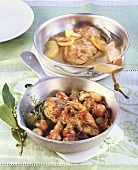 Escalopes in Calvados with apple sauce, chicken in red wine
