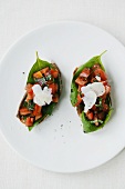Bruschettas with tomato and basil (overhead view)