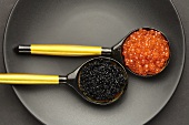 Salmon caviar & sturgeon caviar in two wooden spoons (overhead view)