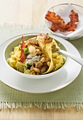 Pappardelle with chanterelles, ricotta and crispy bacon