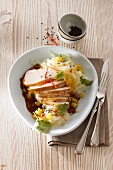 Poached chicken breast with rice noodles and pineapple