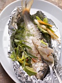 Lake Constance whitefish in foil with roasted vegetable salad