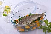Trout on spinach, carrots and onions