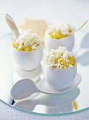 Soft-boiled eggs with sea urchin and feta cheese