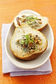 Baked pear stuffed with blue cheese and walnuts