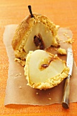 Pear baked in pastry with raisin and cinnamon stuffing