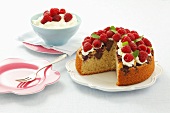 Raspberry cake with chocolate biscuits and cream