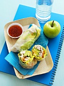 Rice paper rolls filled with chicken, chilli dip and apple for lunch