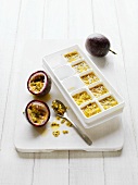 Passion fruit flesh in ice cube container