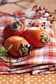 Japanese persimmons and rosehips on a checked cloth