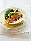 Grilled salmon with bok choy and rice