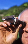 Wine-grower checking the ripeness of grapes with a refractometer