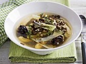 Chicken soup with leek, lentils and dried plums