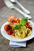 Spaghetti with cherry tomatoes and king prawns