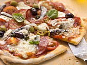 Tomato pizza with salami, gorgonzola, sardines and olives