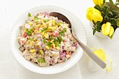 Vegetable salad with beetroot, gherkins, eggs and mayonnaise