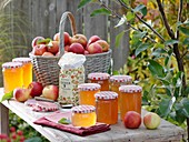 Jars of apple jelly, basket of fresh apples