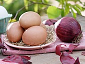 Gekochte Eier und rote Zwiebel