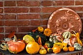 Terracotta rosette, pumpkins and squashes by brick wall