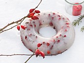 Home-made Christmas decoration: rose hips in a ring of ice