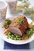 Roast beef with peas