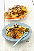 Barbecued fruit with chocolate sauce