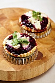 Beetroot tarts with hot chutney and feta cheese