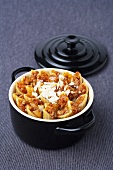 Penne with mince sauce in casserole dish