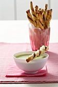 Cheese straws with basil, herb dip