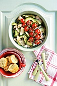 Avocado salad with cherry tomatoes, mushrooms and green beans
