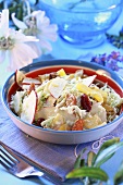 Chinese cabbage salad with peach slices and raisins