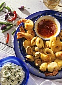 Deep-fried seafood with two dips