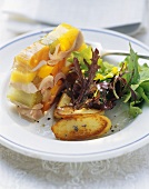 Chicken & vegetables in aspic with fried potatoes & salad