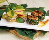 Chestnut burgers with potatoes and corn salad