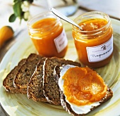 Pumpkin jam in jar and on wholemeal bread