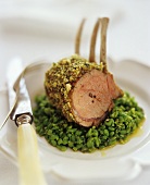 Rack of lamb on peas