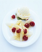 White asparagus with ginger, raspberries & orange ice cream