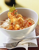 Pepper risotto with fried goat's cheese