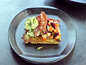 Toast with scrambled egg, ham and bean salad