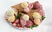 6 ice cream cones with 3 scoops of ice cream on plate