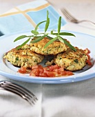 Shrimp cakes with tarragon butter and tomato sauce
