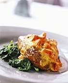 Beef steak with cheese & pepper crust and spinach