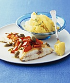 Halibut with tomatoes & capers and mashed potato with orange