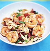 Ribbon pasta with tomatoes and shrimps