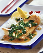 Fried fish fillet with ginger and spinach sauce