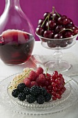 Plate of berries, cherries in stemmed glass