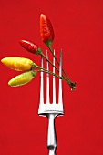 Four chili peppers on a fork